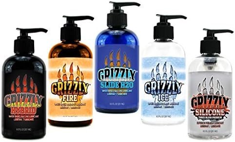 The Grizzly lubricant range — Fire, Silicone, Slide H2O and Ice bottles
